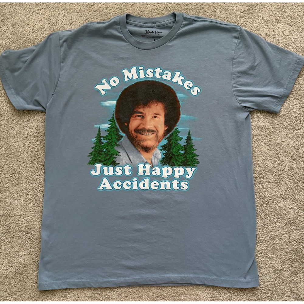 Bob Ross No Mistakes Just Happy Accidents Graphic T-Shirt Mens Large Blue